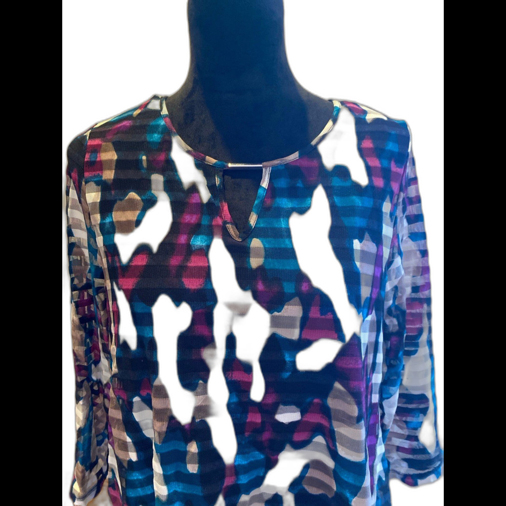 Dana Bachman Blouse Sz‎ Medium Top Sheer Overlay Purple Green Black Rounded Neck